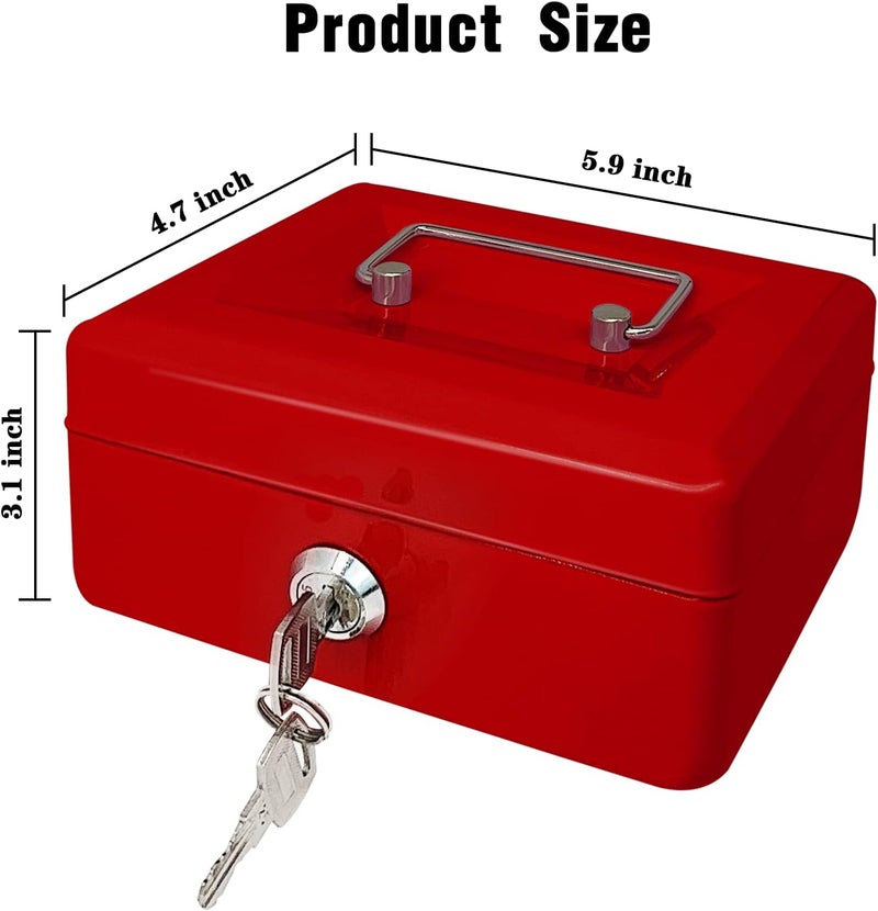 PACOLO Steel Cash Box with Key Lock, Metal Small Money Organizer with Money Tray,Cash Storage Box with Lockable Cover (Red - 6 inch) - Image 2